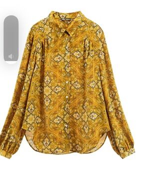 ZARA Women's Mustard Paisley Button-Up Blouse SIZE S NWT